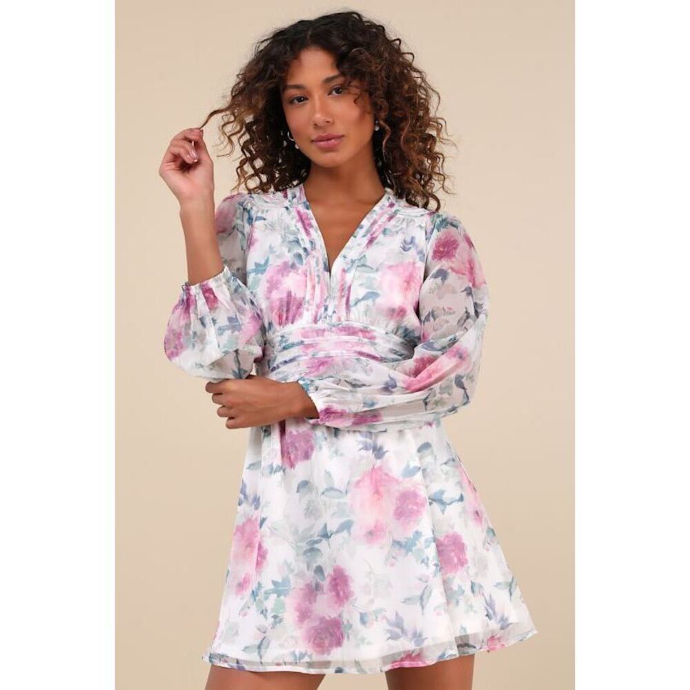 Lulus Gleaming Garden White Floral Print Long Sleeve Mini Dress - Size L